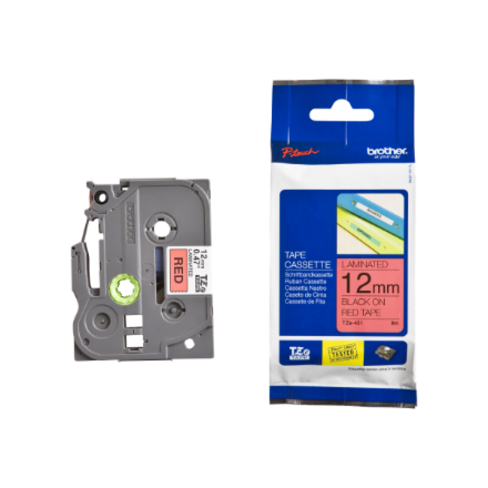 Brother , TZE-431 Laminated Tape , Black on Red , TZe , 8 m , 1.2 cm