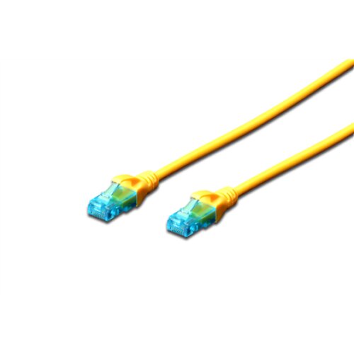 Digitus , Patch cord , CAT 5e U-UTP , PVC AWG 26/7 , 0.5 m , Yellow , Modular RJ45 (8/8) plug , Boots with kink protection, strain relief and latch protection