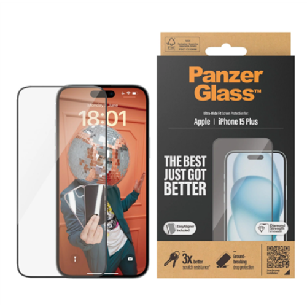 PanzerGlass , Screen protector , Apple , IPhone 15 Plus , Glass , Transparent , Ultra-wide fit, Scratch resistant, Drop protection, EasyAligner included