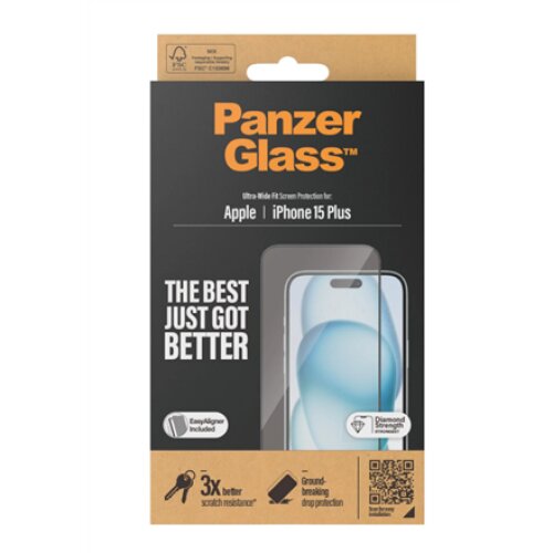 PanzerGlass , Screen protector , Apple , IPhone 15 Plus , Glass , Transparent , Ultra-wide fit, Scratch resistant, Drop protection, EasyAligner included