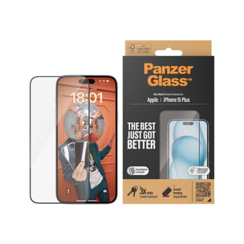 PanzerGlass , Screen protector , Apple , IPhone 15 Plus , Glass , Transparent , Ultra-wide fit, Scratch resistant, Drop protection, EasyAligner included