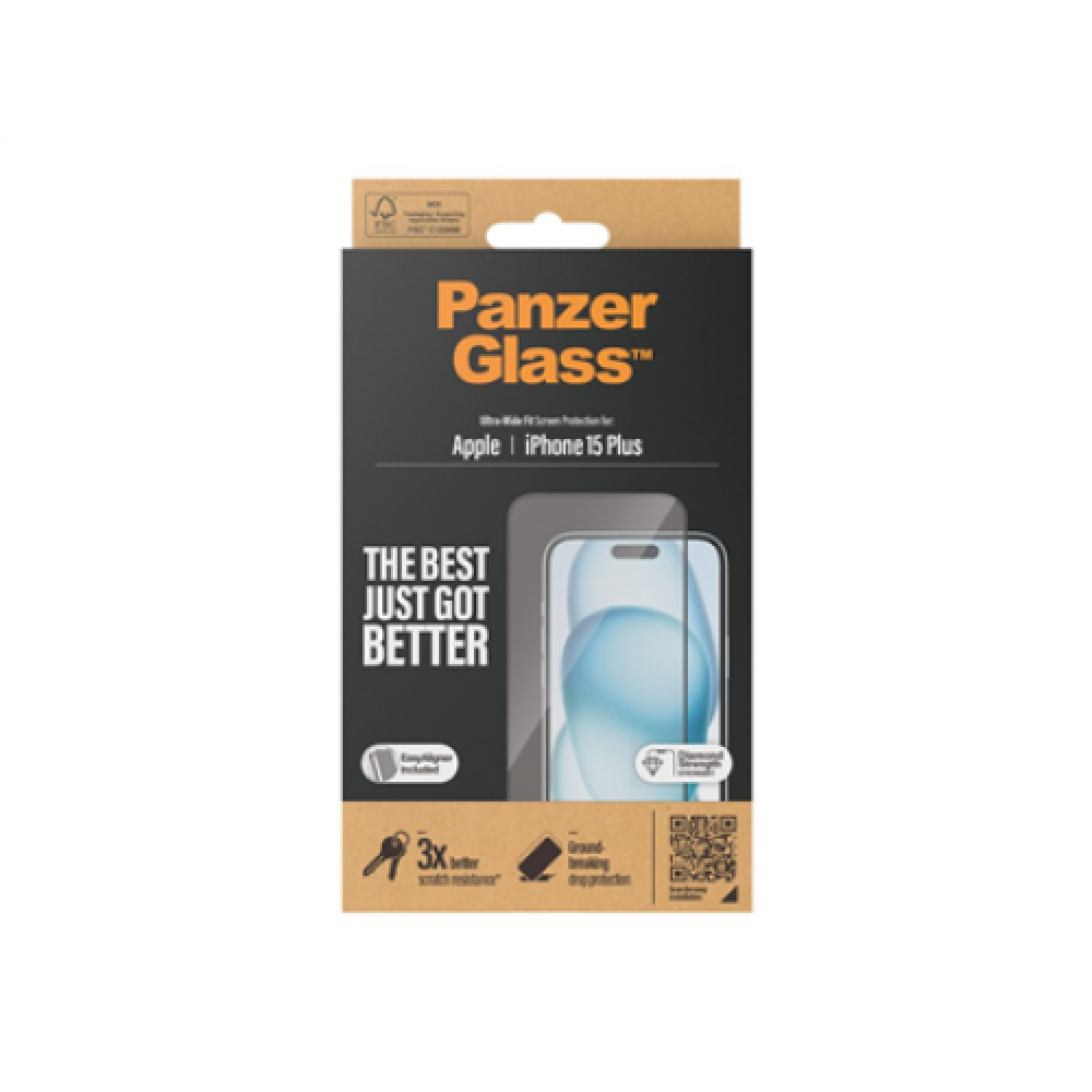 PanzerGlass , Screen protector , Apple , IPhone 15 Plus , Glass , Transparent , Ultra-wide fit, Scratch resistant, Drop protection, EasyAligner included