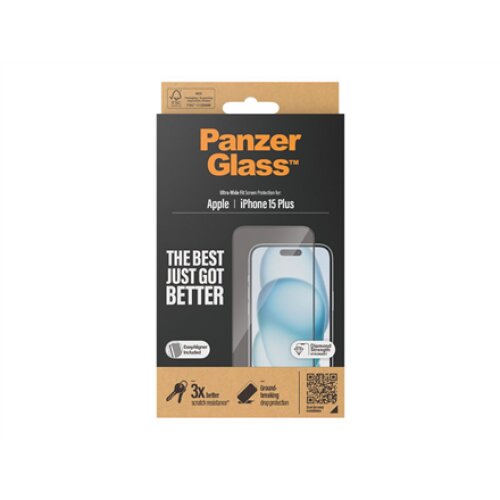 PanzerGlass , Screen protector , Apple , IPhone 15 Plus , Glass , Transparent , Ultra-wide fit, Scratch resistant, Drop protection, EasyAligner included