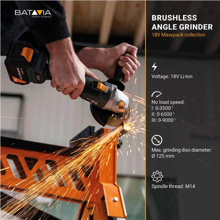 Batavia B.V. , Cordless Brushless Angle Grinder, Without battery and charger - 18V , 125 mm