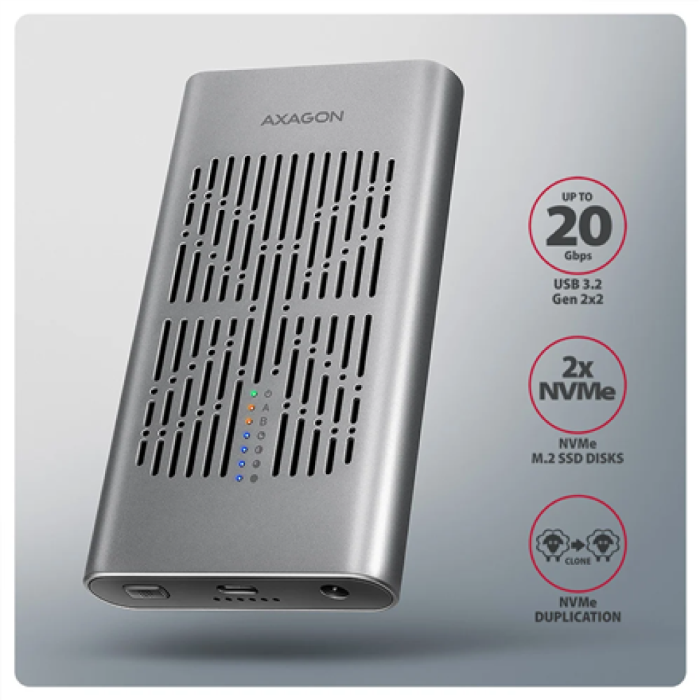 AXAGON USB-C 20Gbps Dual M.2 NVMe SSD CLONE MASTER Enclosure , EEM2-20GD