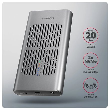 AXAGON USB-C 20Gbps Dual M.2 NVMe SSD CLONE MASTER Enclosure , EEM2-20GD