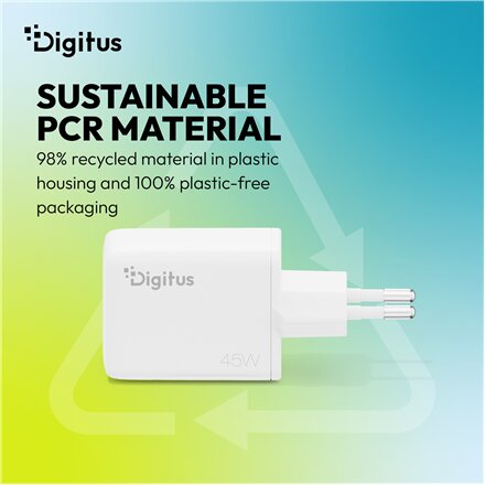 Digitus , USB GaN Charger 45W, 1x USB-C, 1x USB-A , DA-10302