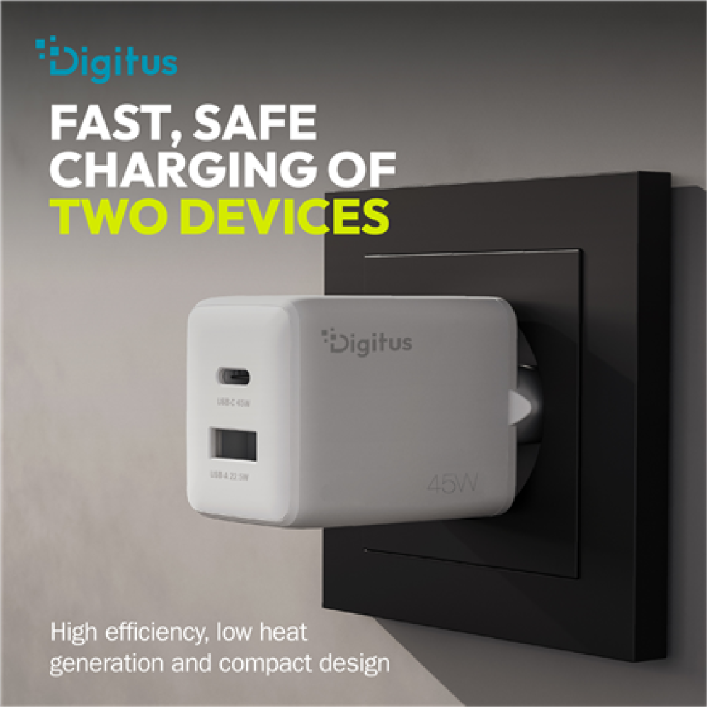 Digitus USB GaN Charger 45W, 1x USB-C, 1x USB-A , DA-10302