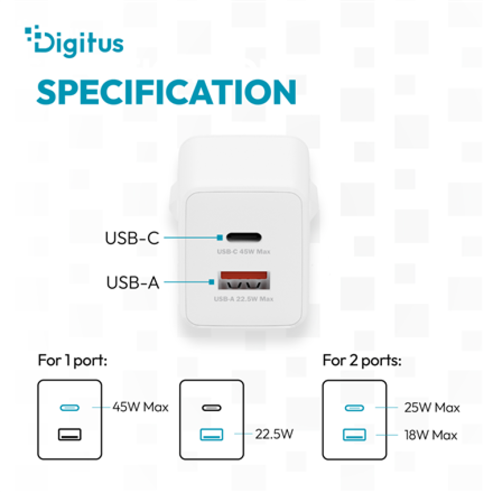Digitus USB GaN Charger 45W, 1x USB-C, 1x USB-A , DA-10302