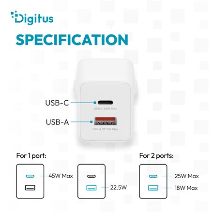 Digitus , USB GaN Charger 45W, 1x USB-C, 1x USB-A , DA-10302