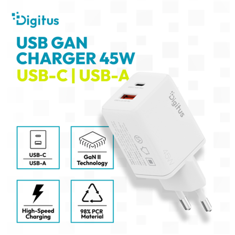 Digitus USB GaN Charger 45W, 1x USB-C, 1x USB-A , DA-10302