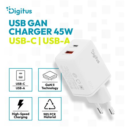 Digitus , USB GaN Charger 45W, 1x USB-C, 1x USB-A , DA-10302