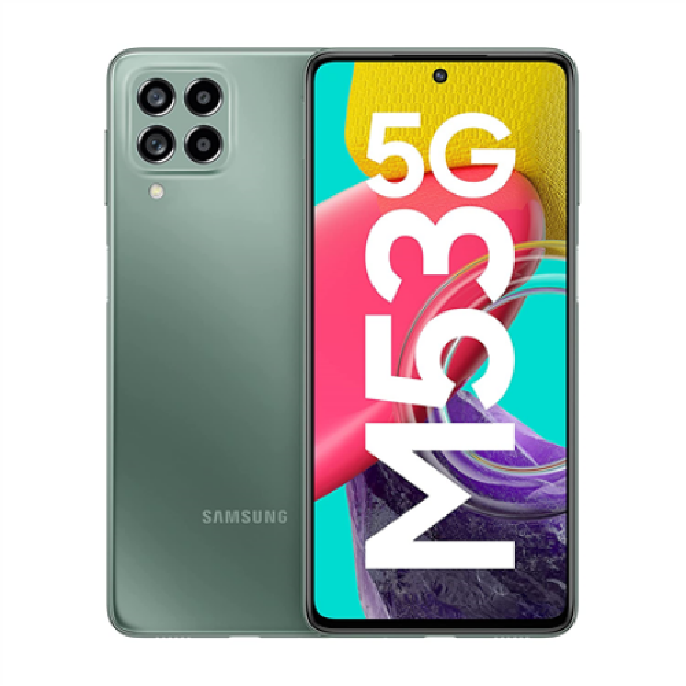 Samsung Galaxy M53 (M536) Green, 6.7 , Super AMOLED Plus, 1080 x 2408, Mediatek MT6877, Dimensity 900 (6 nm), Internal RAM 8 GB, 128 GB, microSDXC, Dual SIM, 5G, Main camera 108+8+2+2 MP, Secondary camera 32 MP, Android, 12, 5000 mAh