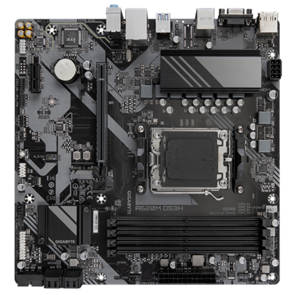 Gigabyte A620M DS3H , Processor family AMD , Processor socket AM5 , DDR5 , Supported hard disk drive interfaces M.2, SATA , Number of SATA connectors 4