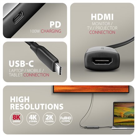 AXAGON Active converter RVC-HI8KPD, 100 W , USB Type-C to HDMI