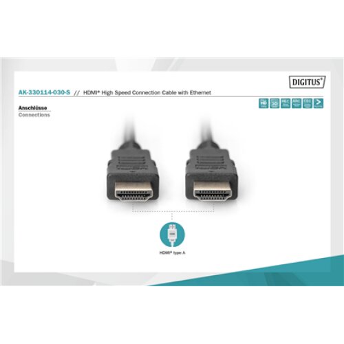 Digitus , High Speed HDMI Cable with Ethernet , AK-330114-030-S , HDMI male (type A) , HDMI male (type A) , HDMI to HDMI , 3 m