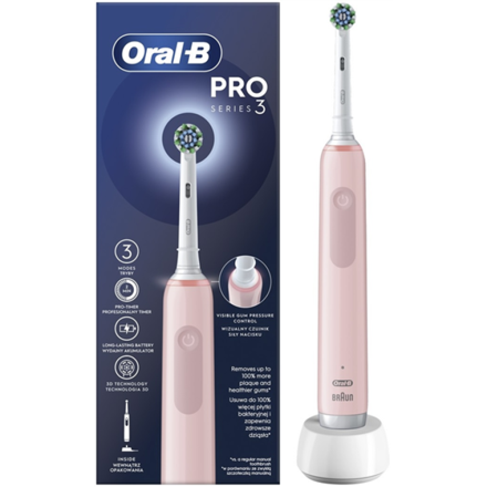 Oral-B Electric Toothbrush , Pro3 Pink X-Clean , Rechargeable , For adults , Number of brush heads included 1 , Number of teeth brushing modes 3 , Pink