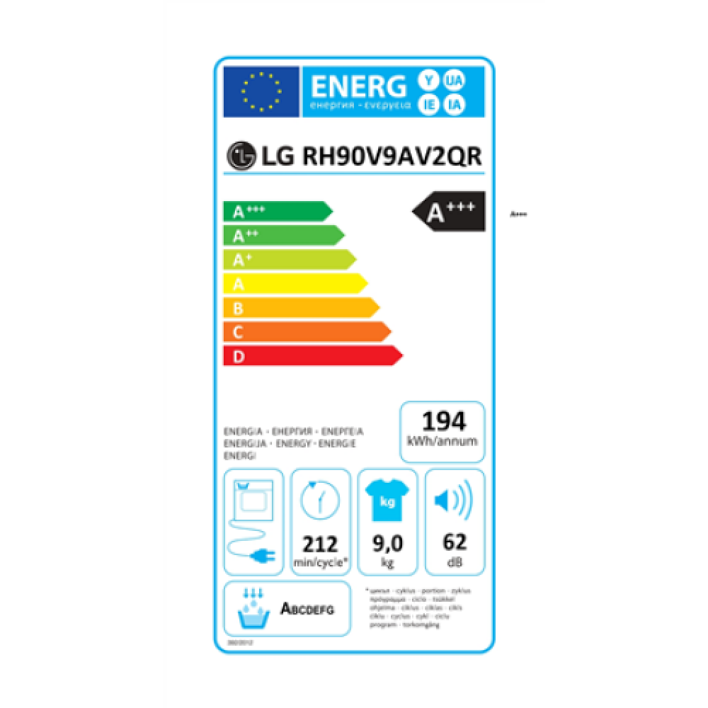 LG , Dryer Machine , RH90V9AV2QR , Energy efficiency class A+++ , Front loading , 9 kg , LED , Depth 69 cm , Wi-Fi , White