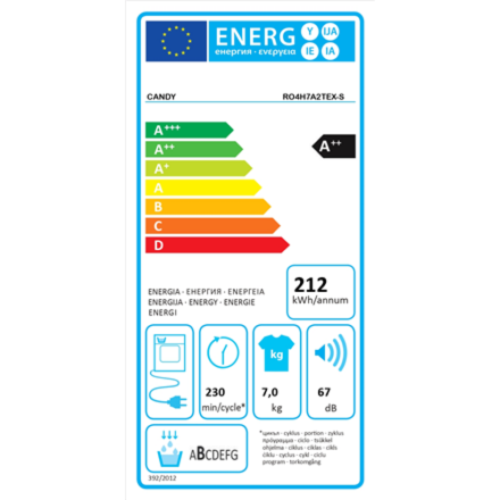 Candy , Dryer Machine , RO4 H7A2TEX-S , Energy efficiency class A++ , Front loading , 7 kg , LCD , Depth 46.5 cm , Wi-Fi , White