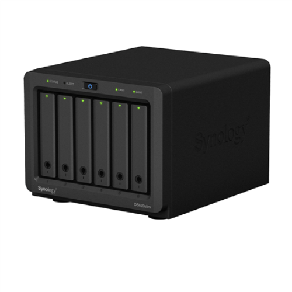 Synology Tower NAS DS620slim Up to 6 HDD/SSD Hot-Swap, Celeron J3355 Dual Core, Processor frequency 2 GHz, 2 GB, DDR3L, RAID 0,1,5,6,10,Hybrid, 2 x 1GbE, 2 x USB 3.2 Gen 1 Port, Single Fan