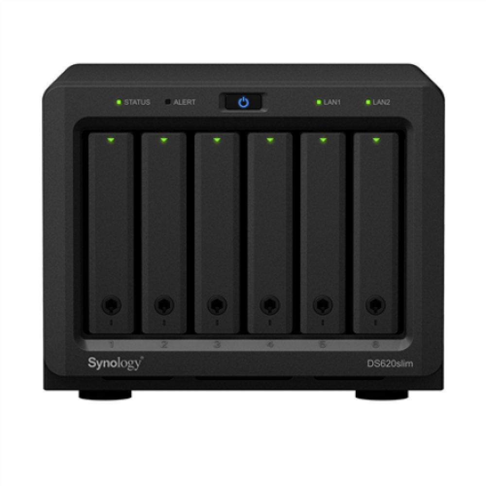Synology Tower NAS DS620slim Up to 6 HDD/SSD Hot-Swap, Celeron J3355 Dual Core, Processor frequency 2 GHz, 2 GB, DDR3L, RAID 0,1,5,6,10,Hybrid, 2 x 1GbE, 2 x USB 3.2 Gen 1 Port, Single Fan