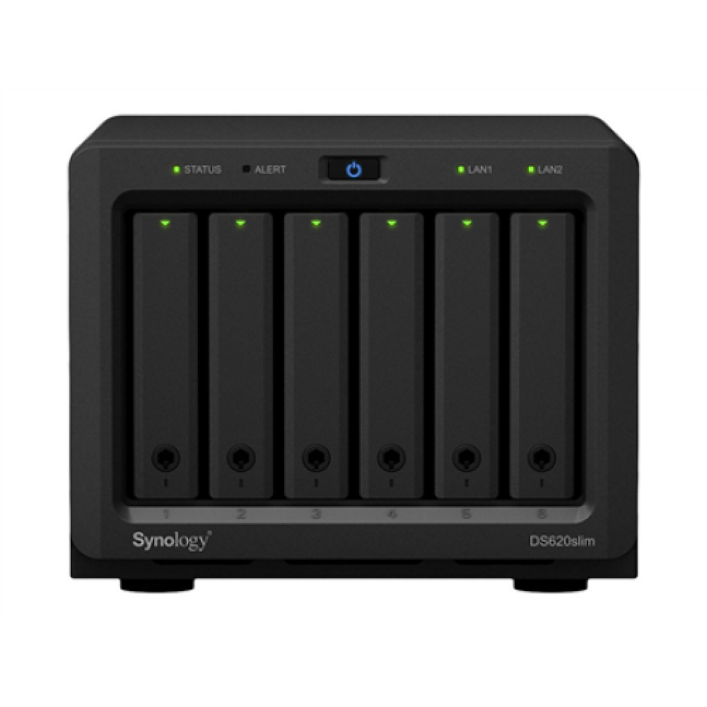 Synology Tower NAS DS620slim Up to 6 HDD/SSD Hot-Swap, Celeron J3355 Dual Core, Processor frequency 2 GHz, 2 GB, DDR3L, RAID 0,1,5,6,10,Hybrid, 2 x 1GbE, 2 x USB 3.2 Gen 1 Port, Single Fan
