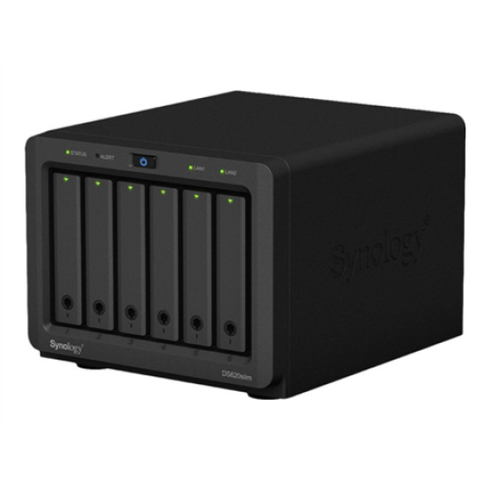 Synology Tower NAS DS620slim Up to 6 HDD/SSD Hot-Swap, Celeron J3355 Dual Core, Processor frequency 2 GHz, 2 GB, DDR3L, RAID 0,1,5,6,10,Hybrid, 2 x 1GbE, 2 x USB 3.2 Gen 1 Port, Single Fan