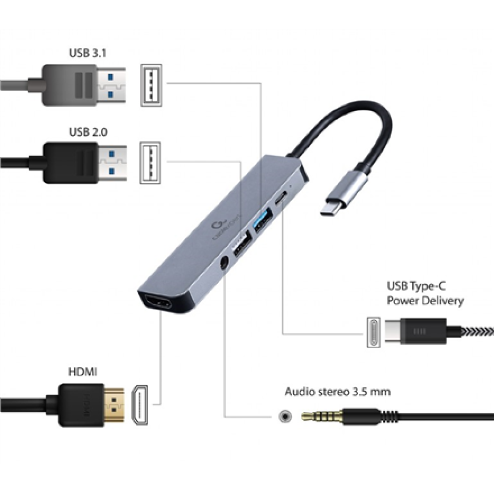Cablexpert USB Type-C 5-in-1 multi-port adapter (Hub + HDMI + PD + stereo audio) , A-CM-COMBO5-02