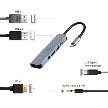 Cablexpert USB Type-C 5-in-1 multi-port adapter (Hub + HDMI + PD + stereo audio) , A-CM-COMBO5-02