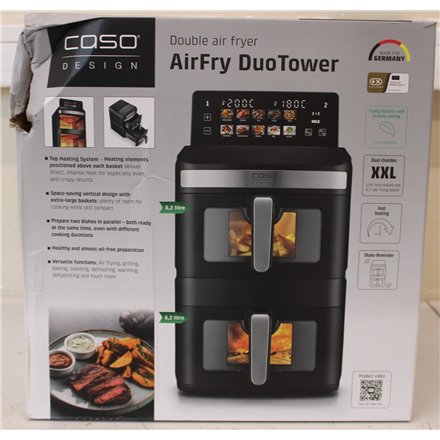 SALE OUT. Caso 03189 DuoTower Double Air Fryer, Total capacity 12.4 L, Black , Caso Double Air Fryer , AirFry DuoTower , Capacity 12.4 L , Black , DAMAGED PACKAGING , 24 month(s)