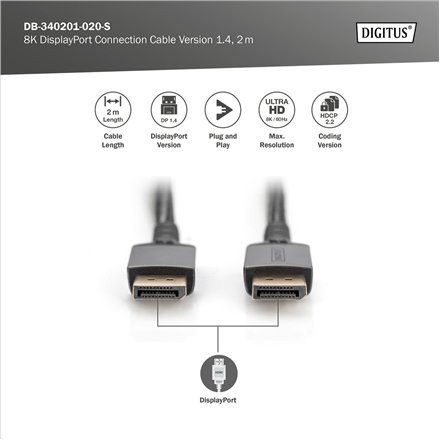 Digitus , 8K DisplayPort Connection Cable Version 1.4 , DB-340201-020-S , DisplayPort to DisplayPort