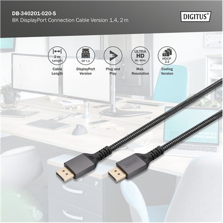 Digitus , 8K DisplayPort Connection Cable Version 1.4 , DB-340201-020-S , DisplayPort to DisplayPort