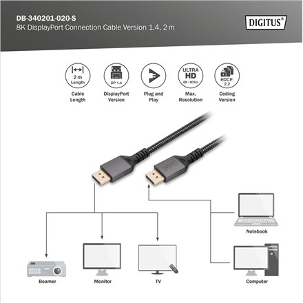 Digitus , 8K DisplayPort Connection Cable Version 1.4 , DB-340201-020-S , DisplayPort to DisplayPort