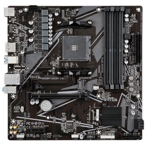 Gigabyte , A520M DS3H V2 , Processor family AMD , Processor socket AM4 , DDR4 DIMM , Memory slots 2 , Supported hard disk drive interfaces SATA, M.2 , Number of SATA connectors 4 , Chipset AMD A520 , Micro ATX