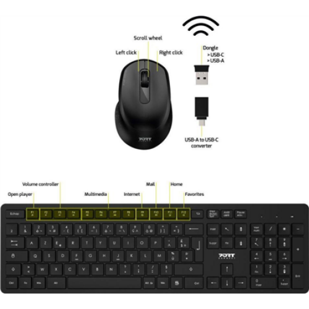 PORT DESIGNS WIRELESS DESKTOP PACK: MOUSE & KEYBOARD 900904-UK Standard, Wireless, Mouse included, Batteries included, EN, 423 g, Black