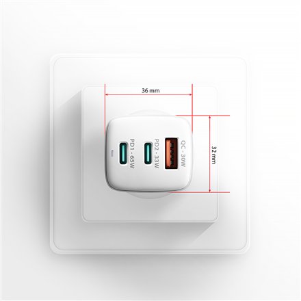 AXAGON GaN wallcharger 3x port (USB-A + 2x USB-C), PD3.0/PPS/QC4+/SFC2.0/AFC/SCP/FCP/Apple, 65W , ACU-DPQ65W