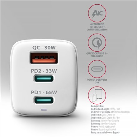 AXAGON GaN wallcharger 3x port (USB-A + 2x USB-C), PD3.0/PPS/QC4+/SFC2.0/AFC/SCP/FCP/Apple, 65W , ACU-DPQ65W