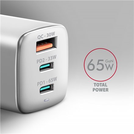 AXAGON GaN wallcharger 3x port (USB-A + 2x USB-C), PD3.0/PPS/QC4+/SFC2.0/AFC/SCP/FCP/Apple, 65W , ACU-DPQ65W