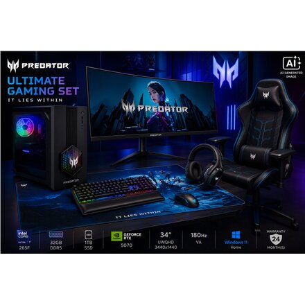 Acer Ultimate Gaming Set , Orion 3000 + X34 V3 + PGC371 + Aethon 700 + Galea 550 + Cestus 333 + PMP470 , Desktop , Tower , Intel Core Ultra 7 , 265F , 32 GB , DDR5 , 1000 GB , NVIDIA GeForce RTX 5070 , US , Windows 11 Home