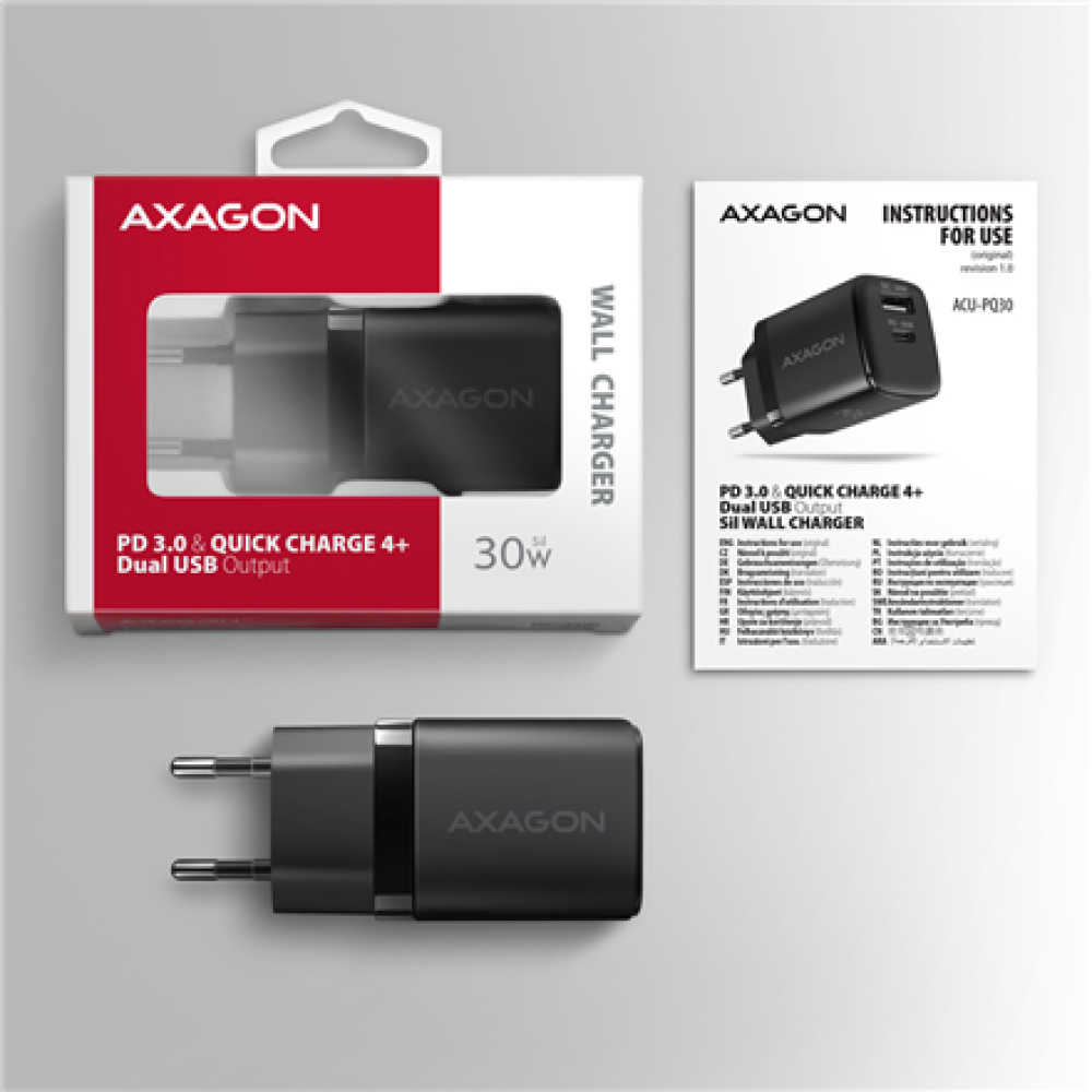 AXAGON Sil wallcharger 2x port (USB-A + USB-C), 30W , ACU-PQ30