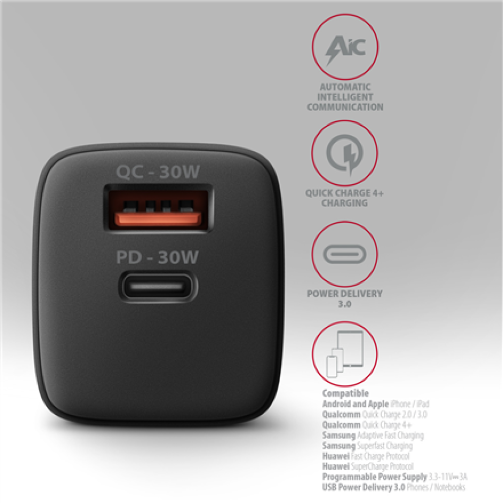AXAGON Sil wallcharger 2x port (USB-A + USB-C), 30W , ACU-PQ30