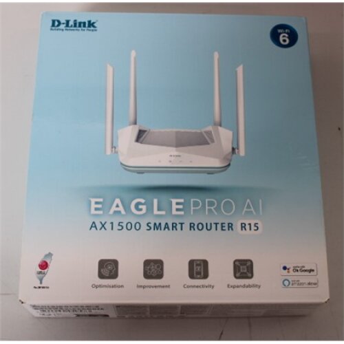 SALE OUT. D-Link R15 AX1500 Smart Router D-Link AX1500 Smart Router R15 802.11ax 1200+300 Mbit/s 10/100/1000 Mbit/s Ethernet LAN (RJ-45) ports 3 Mesh Support Yes MU-MiMO Yes No mobile broadband Antenna type 4xExternal DEMO , AX1500 Smart Router , R15 , 80