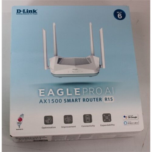 SALE OUT. D-Link R15 AX1500 Smart Router D-Link AX1500 Smart Router R15 802.11ax 1200+300 Mbit/s 10/100/1000 Mbit/s Ethernet LAN (RJ-45) ports 3 Mesh Support Yes MU-MiMO Yes No mobile broadband Antenna type 4xExternal DEMO , AX1500 Smart Router , R15 , 80