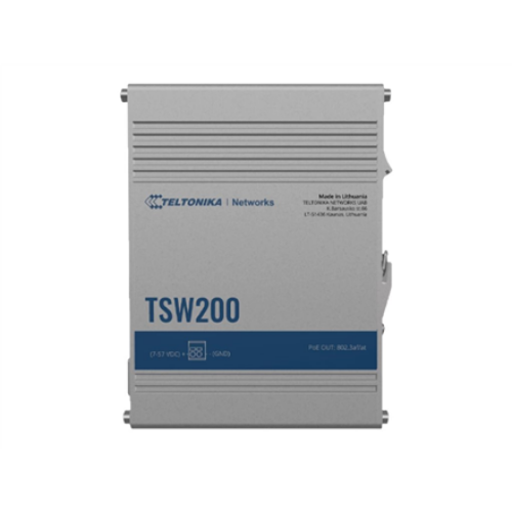 Teltonika Ethernet Switch TSW200 Unmanaged, Desktop, 1 Gbps (RJ-45) ports quantity 8, SFP ports quantity 2, PoE ports quantity 8, Total PoE Power Budget (at PSE): 240 W, PoE Max Power per Port (at PSE): 30W, IP30, Full aluminum housing, ADAPTER NOT INCLUD
