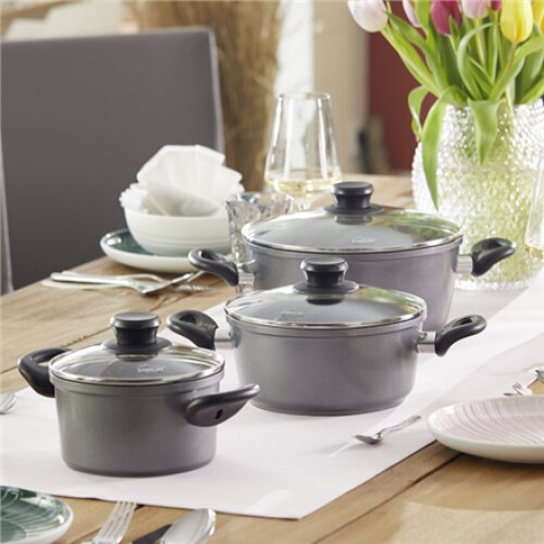 Stoneline , 3-pcs Pot Set with glass lids , 6932 , Yes , 1.5+2.5+4.5 L , 16/20/24 cm , Aluminium , Anthracite , Lid included