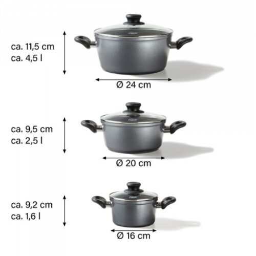 Stoneline , 3-pcs Pot Set with glass lids , 6932 , Yes , 1.5+2.5+4.5 L , 16/20/24 cm , Aluminium , Anthracite , Lid included
