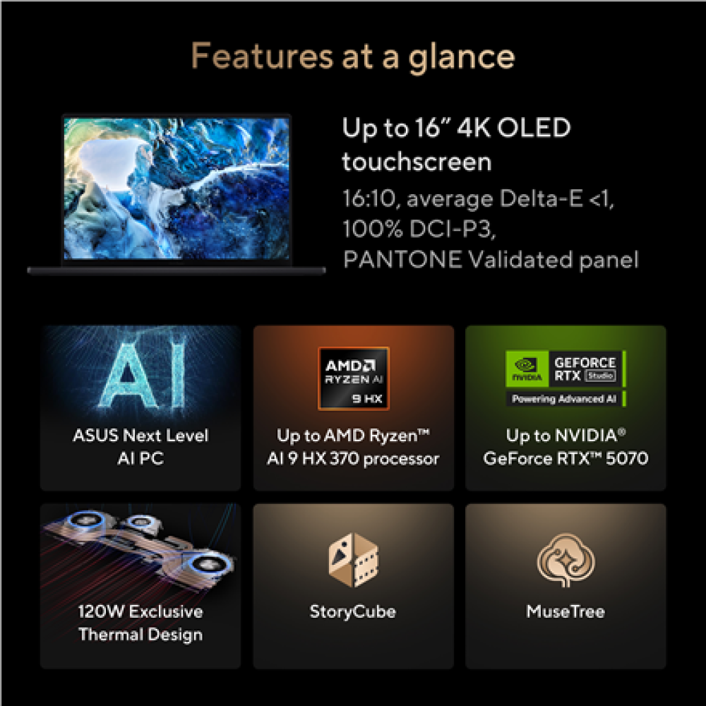 Asus ProArt P16 H7606WP-SR231X , Nano Black , 16 , OLED , Touchscreen , 3K , 2880 x 1800 pixels , 120 Hz , Glossy , AMD Ryzen AI 9 , HX 370 , 64 GB , LPDDR5X , Solid-state drive capacity 2000 GB , NVIDIA GeForce RTX 5070 , GDDR7 , 8 GB , Windows 11 Pro , 