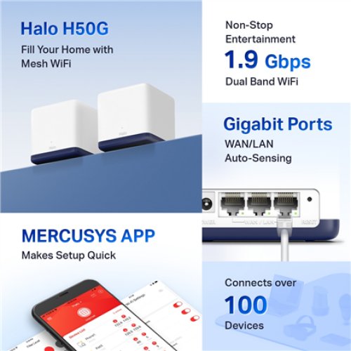 Mercusys , AC1900 Whole Home Mesh Wi-Fi System , Halo H50G (2-Pack) , 802.11ac , 600+1300 Mbit/s , Mesh Support Yes , MU-MiMO Yes , No mobile broadband