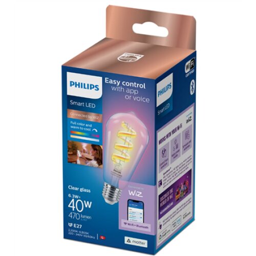 Philips Smart WiFi Filament Clear ST64 470Lm RGB , E27 , 6.3 W , RGB light , Bluetooth, Wi-Fi