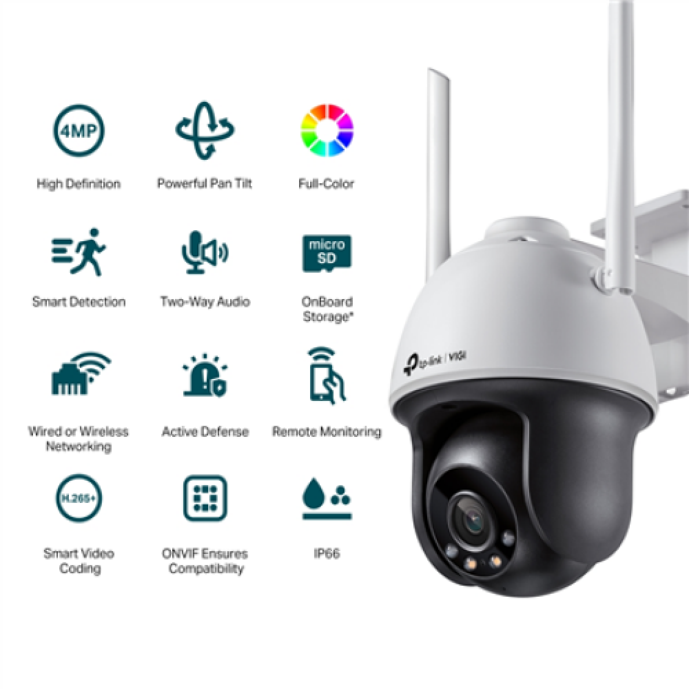 TP-LINK VIGI 4MP Outdoor Full-Color Wi-Fi Pan Tilt Network Camera VIGI C540-W Dome 4 MP 4 mm IP66 H.265+/H.265/H.264+/H.264 MicroSD
